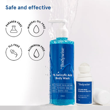 Be Bodywise 1% Salicylic Acid Body Wash (250ml) & Underarm Roll on (50ml) | 2% Lactic Acid, 1% Mandelic Acid | Prevents Body Acne, Odour & Pigmentation | Suitable for Sensitive Skin